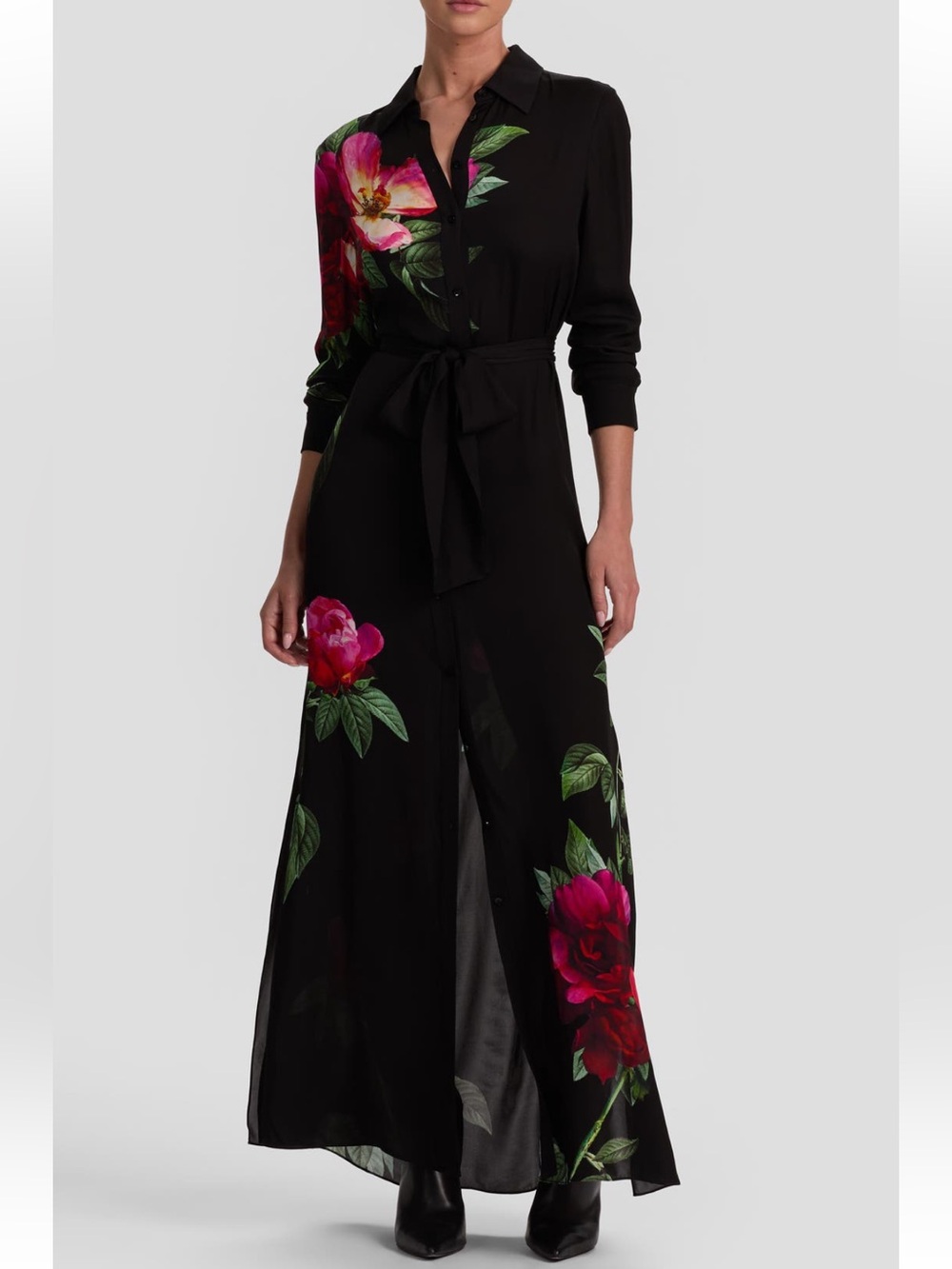 Alice + Olivia Black Maxi Floral Shirt Jumpsuit with Pink Rose Print